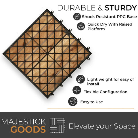 Underside view of interlocking Acacia deck tile showing shock resistant PPC base with quick dry raised platform.