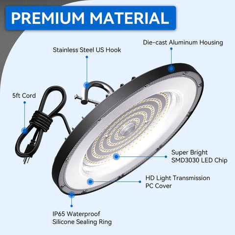 UFO LED High Bay Light 150W 21000lm 5000K Daylight ETL Listed IP65 Waterproof Commercial Fixture with 5ft cable and US hook