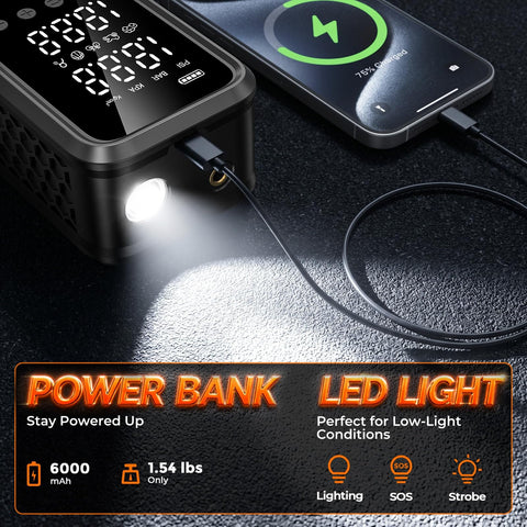 160 PSI Portable Tire Inflator With 6000mAh Battery, LED Light showing power bank and LED functions
