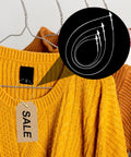 Top Shelf 2000 Piece Clear Plastic Hang Tag Fasteners With Snap Lock Security Links For Retail Shops Clothing And Accessories Merchandising That Delivers A No Sweat Display Setup Every Single Day, showing yellow sweater with a sale tag.