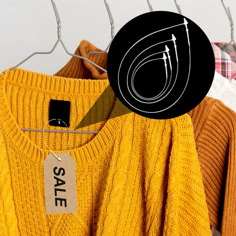 Top Shelf 2000 Piece Clear Plastic Hang Tag Fasteners With Snap Lock Security Links For Retail Shops Clothing And Accessories Merchandising That Delivers A No Sweat Display Setup Every Single Day, showing yellow sweater with a sale tag.