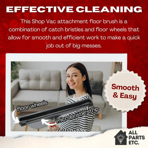 Person holding 2.5 Inch Shop Vac Attachment Kit floor brush with bristles and wheels shown in a living room setting