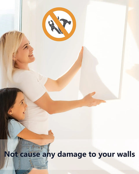Woman and child using Picture Rail Hanging Kit With Six White Rail Hooks And A 72 Inch Invisible Cord For Easy Setup No Fuss Six Adjustable Hooks
