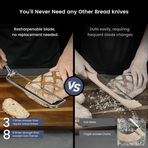 World's First Real Bow Design Sourdough Bread Slicer With Razor Sharp Edge For Crusty Loaves, 420J2 Stainless Steel Kitchen Knife in use.