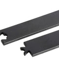 Close-up view of two steel rails from the 6.6 Foot Single Barn Door Hardware Kit For 36 To 40 Inch Doors, black finish, heavy duty.