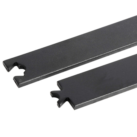 Close-up view of two steel rails from the 6.6 Foot Single Barn Door Hardware Kit For 36 To 40 Inch Doors, black finish, heavy duty.