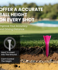 Pink 1.5 Inch 5 Prong Golf Tee in soil showing ball height benefits with landscape background, from Bulk Pack Plastic Short Tees.