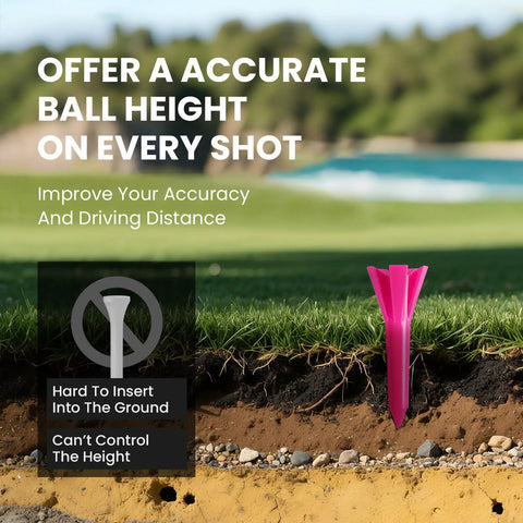 Pink 1.5 Inch 5 Prong Golf Tee in soil showing ball height benefits with landscape background, from Bulk Pack Plastic Short Tees.