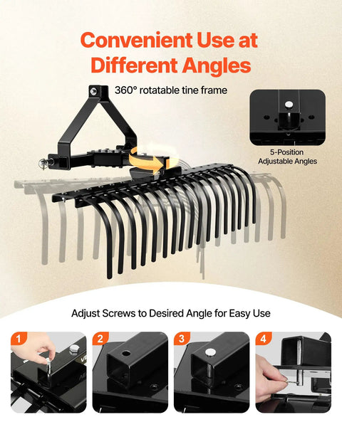 50 Inch Tow Behind Landscape Rake With 17 Steel Tines For Category 1 Tractors, angle adjustment demonstration