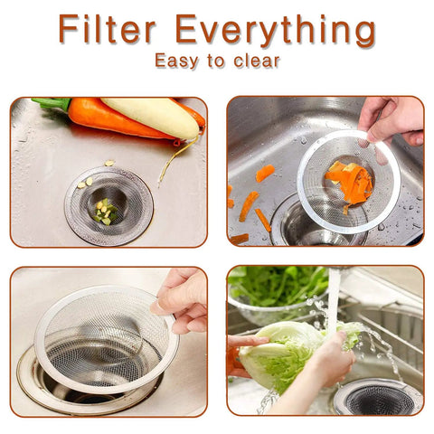 2Pcs Heavy Duty Stainless Steel Slop Basket Filter Trap Set 2.75 Inch Top 1 Inch Mesh Sink Strainer shown filtering kitchen debris