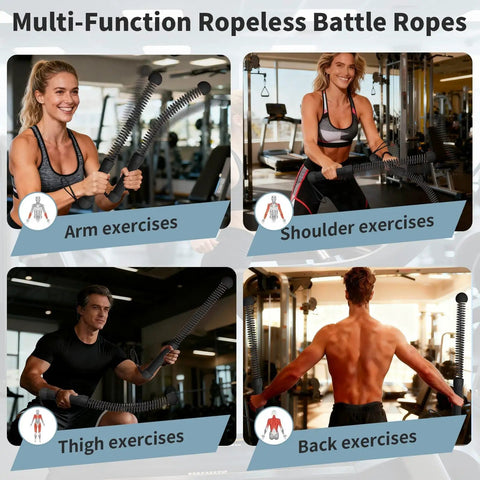Four people using Two Pack Cordless Ropeless Battle Ropes For HIIT And Cardio, Portable Home Gym Equipment in arm and shoulder exercises.