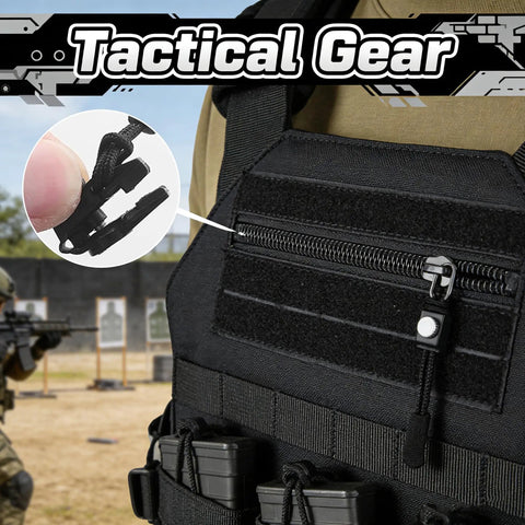 Close-up of zipper repair kit being used on tactical gear with detachable pulls for quick installation, no sewing needed.