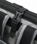 Close-up of strap and buckle on heavy duty tool backpack with laptop compartment waterproof molded base and padded back support