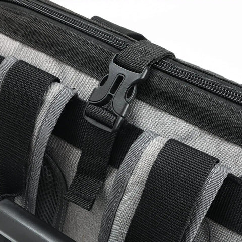 Close-up of strap and buckle on heavy duty tool backpack with laptop compartment waterproof molded base and padded back support