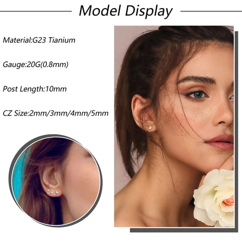 Four Pairs Titanium Stud Earrings For Women And Men Dope Shine 2 To 5mm Ball Cubic Zirconia Hypoallergenic Nickel Free Lead Free Safe For Sensitive Ears Cartilage Earrings Everyday Sparkle And Comfort, 2mm CZ model view