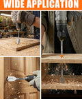 Heavy Duty 14 Piece Spade Drill Bit Set With Quick Change Extension in action, drilling wood for precise clean holes.