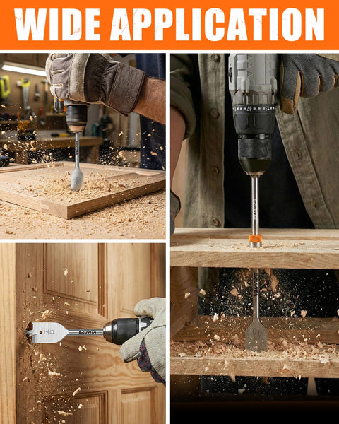 Heavy Duty 14 Piece Spade Drill Bit Set With Quick Change Extension in action, drilling wood for precise clean holes.