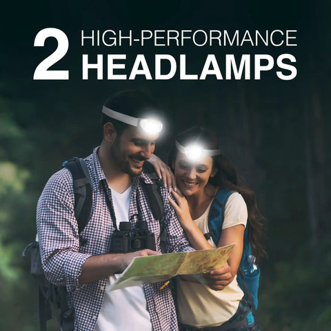 Couple hiking at night wearing Vision HD LED Headlamp Pro Two Pack IPX4 Water Resistant Head Light Hands Free Bright
