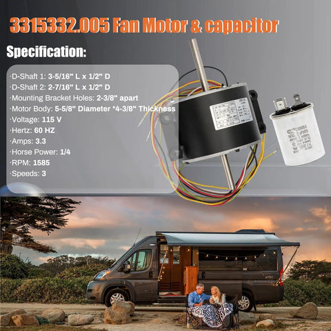 RV Brisk Air II Fan Motor Replacement One Quarter Horsepower Three Speed Genteq F48AF70A61 with specifications
