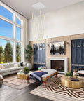 Premium Sleek Modern 36 Light Chrome Ceiling Pendant Delivering Big Time Glam With Genuine Crystal Drops For Indoor Home Decor Weston Collection in a bright living room.