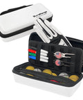 All In One Golf Glove Holder Case with gloves, markers, and tees visible, large zippered mesh pocket for 10 balls, dual-sided divider