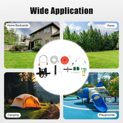 Dope Backyard Zip Line Kit, 160 Feet Long, ideal for home backyards, parks, camping, playgrounds, with accessories displayed