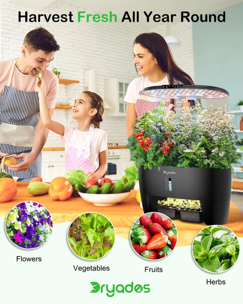 Hydroponic Growing System Kit With 16 Pods No Fuss Smart Herb Garden with LEDs on a kitchen counter, family enjoying fresh produce