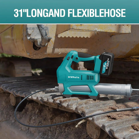 Cordless Grease Gun 10,000 PSI High Flow Electric Lubrication Tool, 20V Battery, 40 Inch Hose, tool placed on machinery