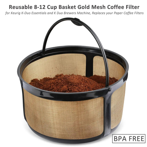 Gold Mesh Reusable Coffee Filter For 8 To 12 Cups No More Paper Filters This Eco Friendly Basket Style Filter Is Compatible With Keurig K Duo Essentials And K Duo Brewers BPA Free 1 Pack