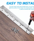 Installation of Straight Up Heavy Duty Stainless Steel Piano Hinge 48 Inch Long By 1 5 Inch Wide with screws on wooden surface.