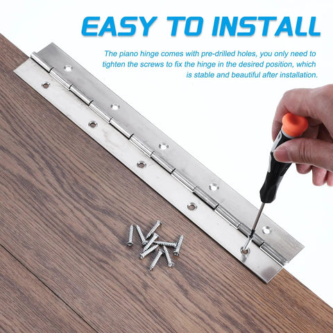 Installation of Straight Up Heavy Duty Stainless Steel Piano Hinge 48 Inch Long By 1 5 Inch Wide with screws on wooden surface.