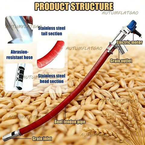 2000W Industrial Screw Conveyor Auger with 1.5m Flexible Hose on grain, showing electric motor and abrasion-resistant hose.