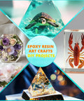 Fast Cure 1 Gallon Epoxy Resin Kit with Quick Dry Formula used in creative resin art projects with turtle, flowers, lobster, pyramid designs