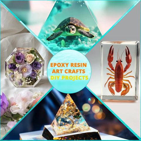 Fast Cure 1 Gallon Epoxy Resin Kit with Quick Dry Formula used in creative resin art projects with turtle, flowers, lobster, pyramid designs
