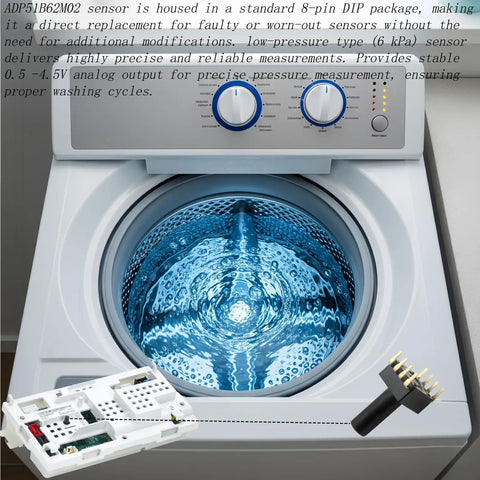 Piezoresistive Water Level Sensor For Washing Machine Control Board With 8 Pin DIP Analog Output Low Pressure 6 KPa Compatible With Whirlpool Maytag Amana 2 Pack Real Time Level Detection For Precise And Reliable Fill, shown with washer control board