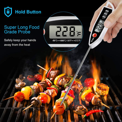 Hand using Meat Thermometer Digital Instant Read Thermometer For BBQ Grill Oil Milk Candy Bath Water Deep Fry Candle Temperature Kitchen Cookin Tool With Large Display And 10 Minute Auto Shut Off over grill with skewers