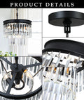 2 Tier Crystal Chandelier With Black Finish For Living Room Bedroom Dining Room And Hallway, Real K9 Crystals With Transparent Triangular Strips For Sparkling