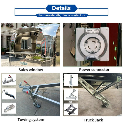 11 Foot Mirror Mobile Food Truck With Street Ready Kitchen Equipment And Catering Trailer For Sale Direct From Manufacturer Zero Middleman Markup A Seamless Startup Setup For Your Next Culinary Grind - Sales window, power connector, towing system, and truck jack.