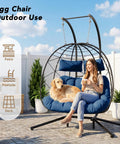 Two Seater Wicker Hanging Egg Chair With Stand 700 Lb Capacity Indoor Outdoor Double Swing Hammock for patio use with cushions