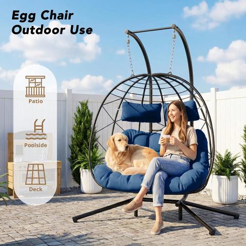 Two Seater Wicker Hanging Egg Chair With Stand 700 Lb Capacity Indoor Outdoor Double Swing Hammock for patio use with cushions