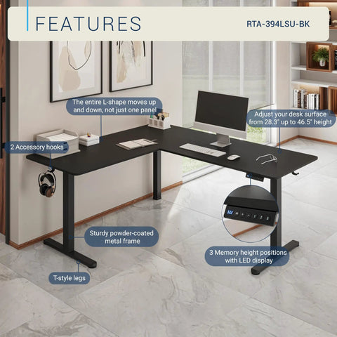 Boss Level L Shaped Electric Standing Desk With Smooth Glide Motors And Three Memory Presets For A Sick Gaming Station Or Remote Work Hub In Sleek Black Finish featuring adjustable height and accessory hooks.