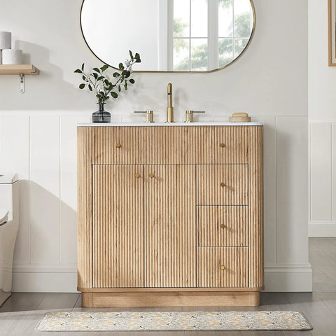 Top Shelf 36 Inch Fluted Bathroom Vanity With Single Sink In Natural Oak Featuring Smooth Rounded Corners And Slick Modern Design For Your Sweet Home Refresh Setup