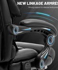 Black massage office chair with foot rest and 3D kneading heat showcasing ergonomic linkage armrest for boss level comfort.