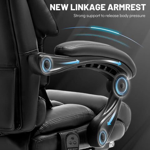 Black massage office chair with foot rest and 3D kneading heat showcasing ergonomic linkage armrest for boss level comfort.