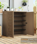 Open view of the weatherproof indoor outdoor storage cabinet with doors and shelf easy setup 34 by 16 by 36 inches HDPE plastic storage cabinet for patio balcony tools multi purpose organizer brown on a patio with plants nearby.