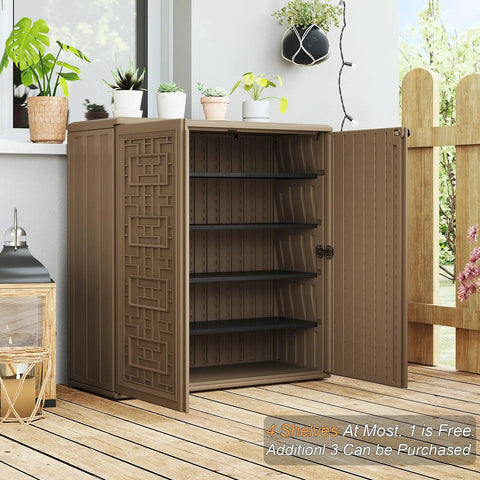 Open view of the weatherproof indoor outdoor storage cabinet with doors and shelf easy setup 34 by 16 by 36 inches HDPE plastic storage cabinet for patio balcony tools multi purpose organizer brown on a patio with plants nearby.
