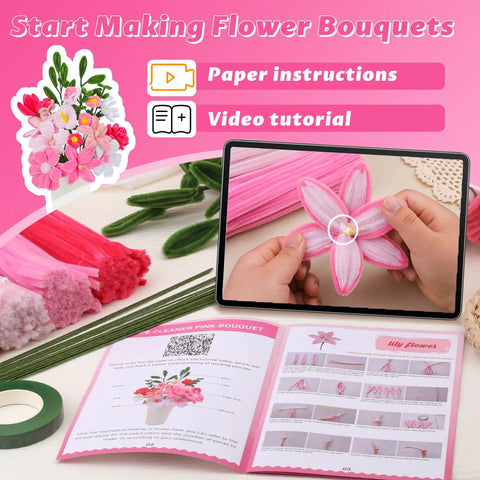 Pink Pipe Cleaner DIY Flower Kit With 550 Pieces In 7 Colors Bulk Pack Includes Floral Wires Stamens Floral Tape And Tutorial For Easy Craft Bouquets A Fun Kid Friendly Mothers Day Gift Idea.