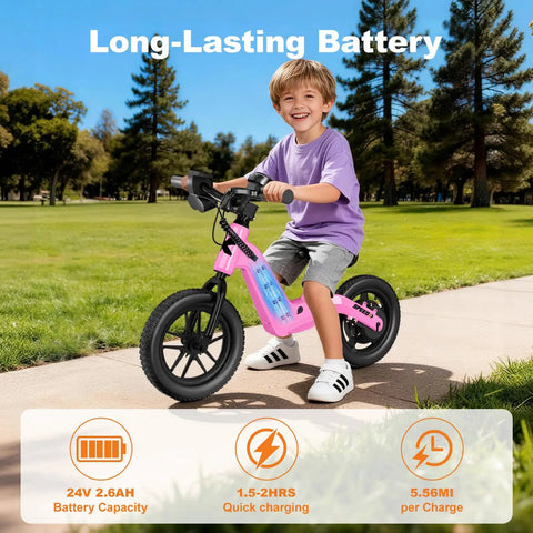 Kid-Friendly Electric Balance Bike For Ages 3 To 5 With 12 Inch Pneumatic Tires, 180W Motor, Top Speed 9.3 MPH, Safe Kick-To-Start, 3 Speed Modes, LCD Display, Quick Charge, LED Lights, Pink, riding outdoors