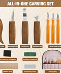 Starter Wood Carving Kit For Beginners And Kids, 20 Piece Set with knives, chisels, leather strop, storage bag, and accessories