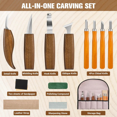 Starter Wood Carving Kit For Beginners And Kids, 20 Piece Set with knives, chisels, leather strop, storage bag, and accessories